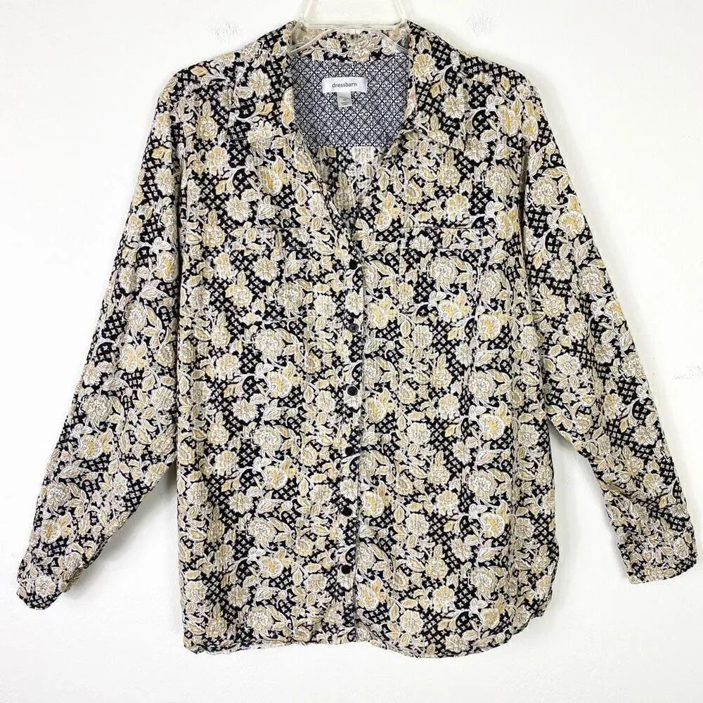Dressbarn Yellow & Black Floral Woven Stripe Long Sleeve Button Up Shirt Size 2X